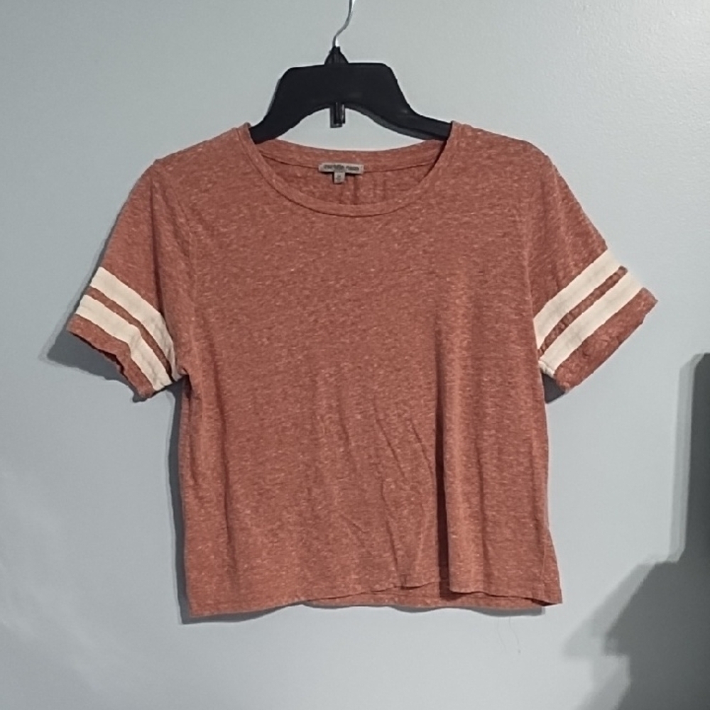 Charlotte Russe Pink Crop Top with Striped Short Sleeves